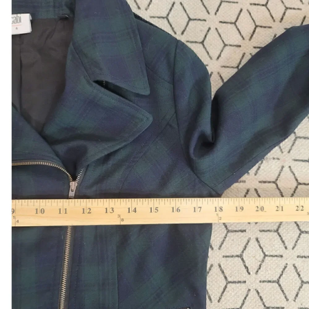 CAbi Tartan Green Plaid Asymmetrical Zip Moto Jacket, sz 4